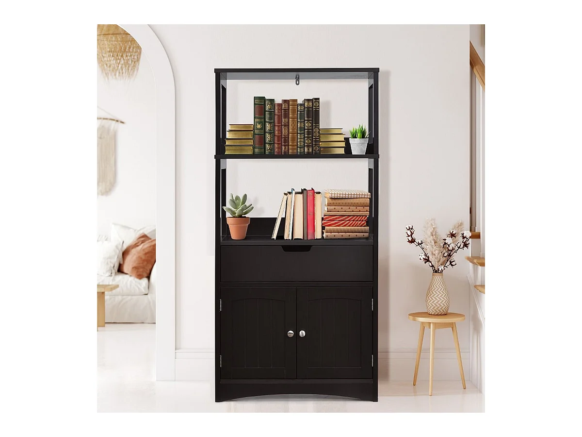 Freistehender Badezimmerschrank mit 2 Türen & 3 offenen Regalen & Schublade Hochschrank Schwarz