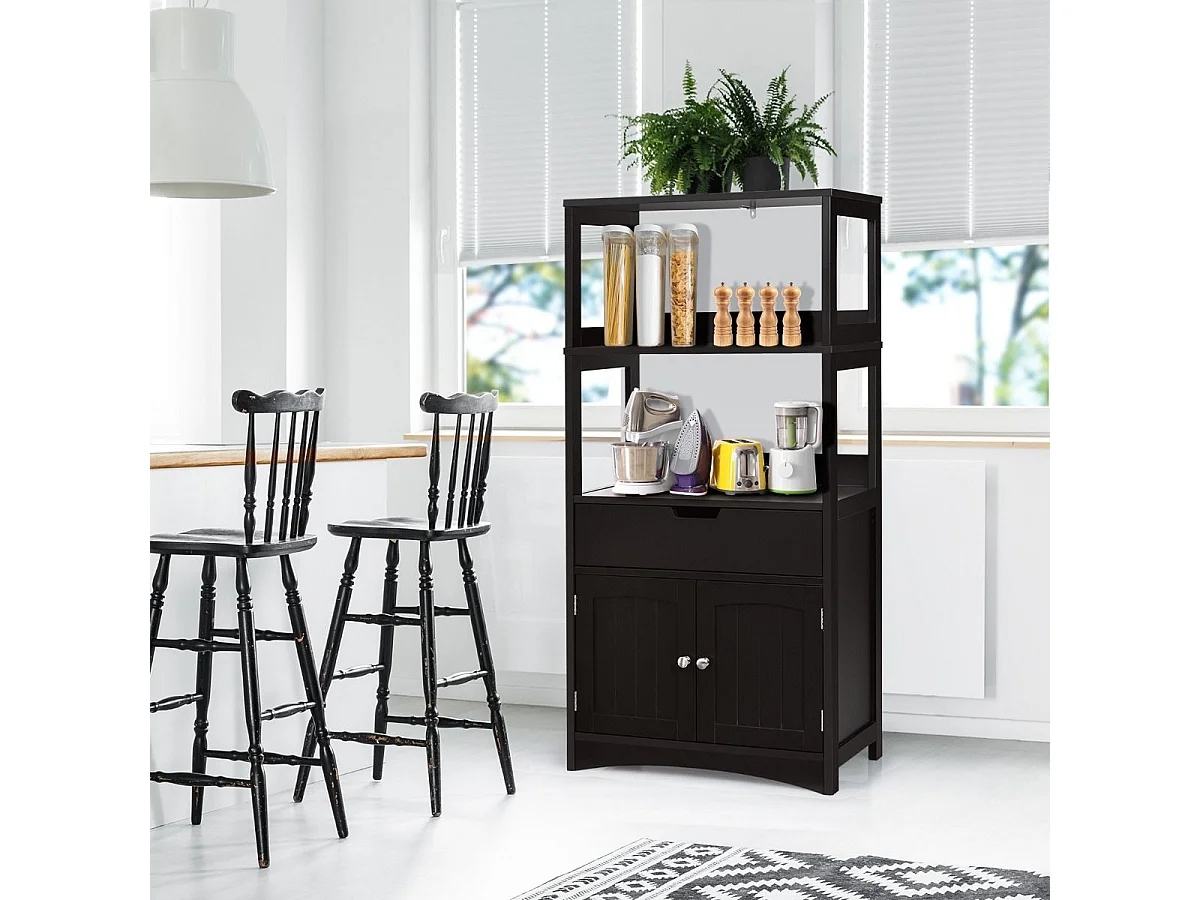 Freistehender Badezimmerschrank mit 2 Türen & 3 offenen Regalen & Schublade Hochschrank Schwarz