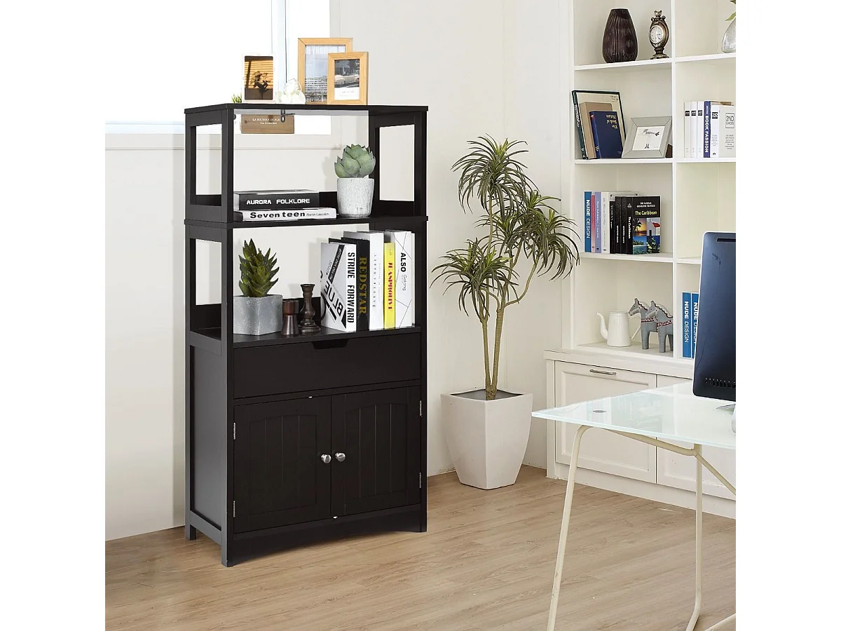 Freistehender Badezimmerschrank mit 2 Türen & 3 offenen Regalen & Schublade Hochschrank Schwarz