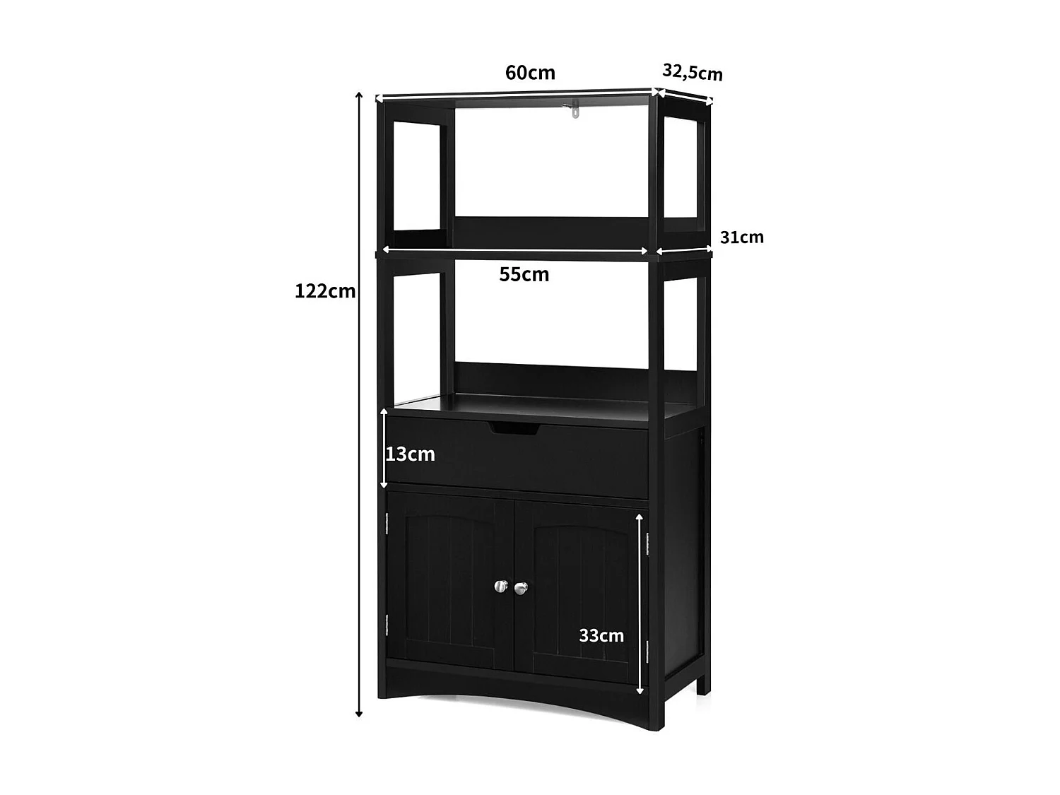 Armadietto in legno da cucina con cassetto e mensola, Armadio con 2 ante multiuso per cucina e soggiono Nero
