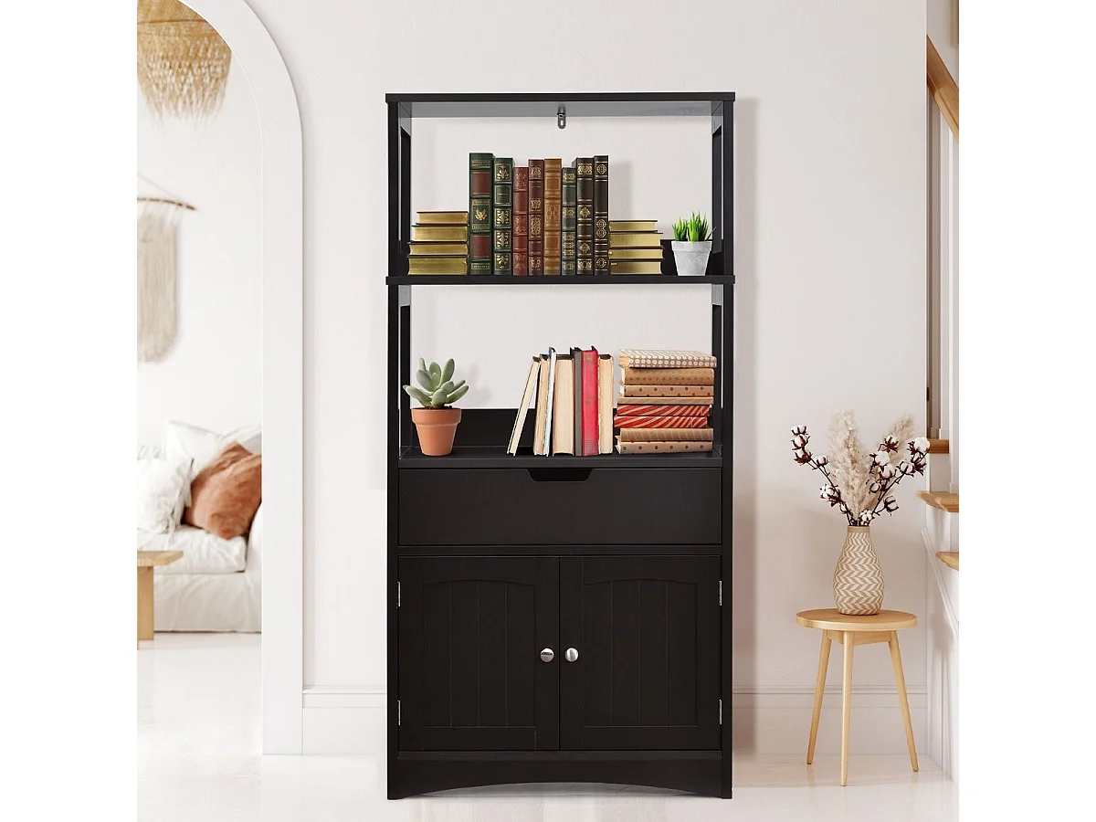 Armadietto in legno da cucina con cassetto e mensola, Armadio con 2 ante multiuso per cucina e soggiono Nero