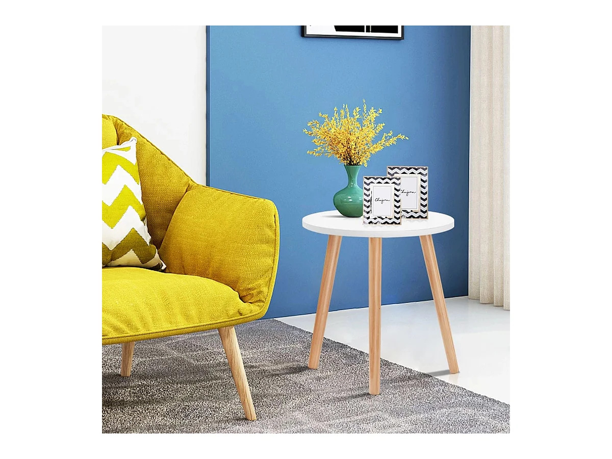 Table Basse Ronde Style Scandinave Moderne en MDF et Bois de pin Dim. Ø40 x 48H Blanc