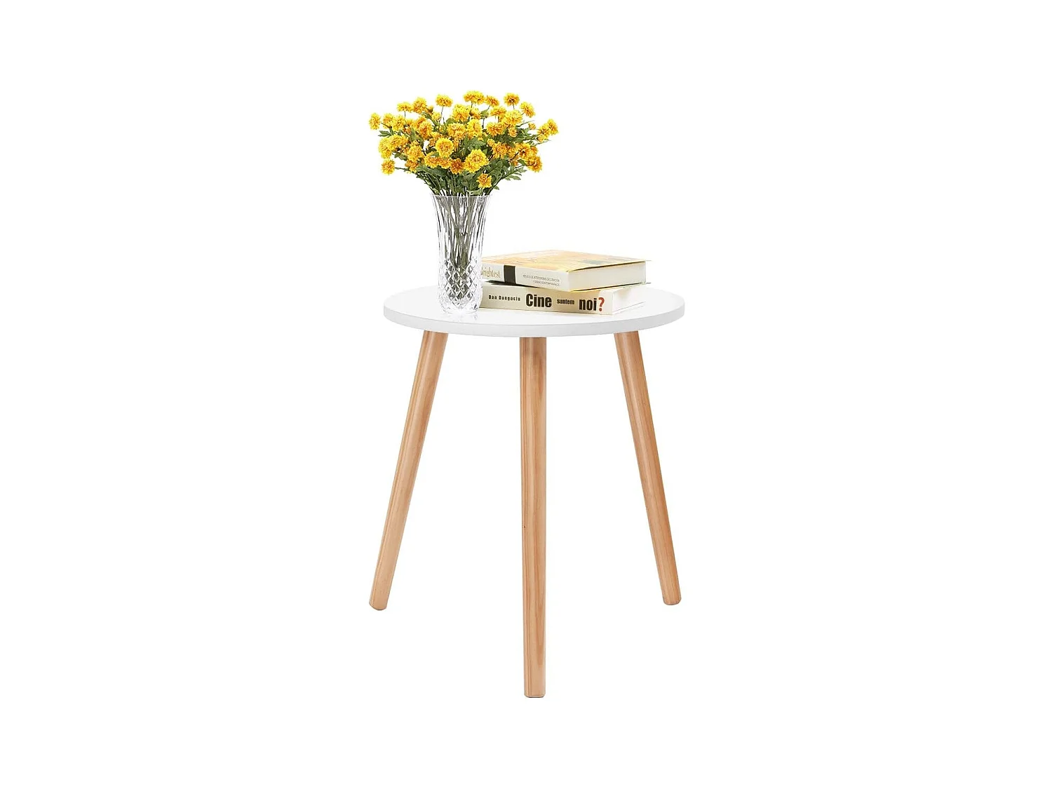 Table Basse Ronde Style Scandinave Moderne en MDF et Bois de pin Dim. Ø40 x 48H Blanc
