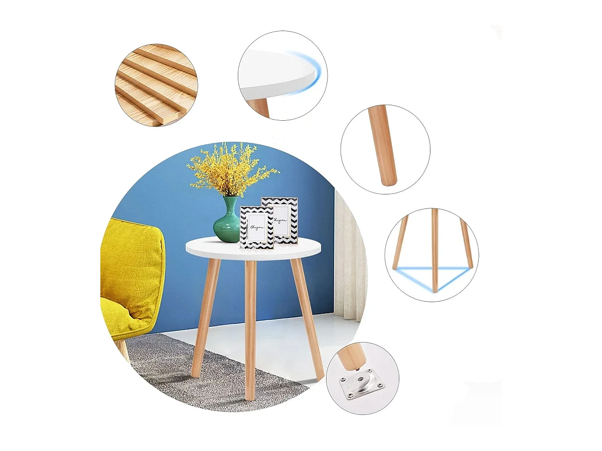 Table Basse Ronde Style Scandinave Moderne en MDF et Bois de pin Dim. Ø40 x 48H Blanc