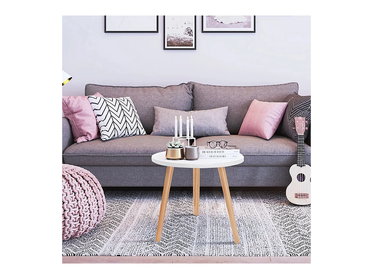 Table Basse Ronde Style Scandinave Moderne en MDF et Bois de pin Dim. Ø40 x 48H Blanc