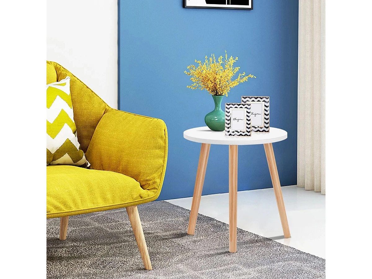 Table Basse Ronde Style Scandinave Moderne en MDF et Bois de pin Dim. Ø40 x 48H Blanc