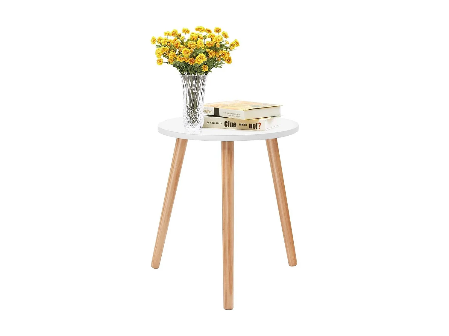 Table Basse Ronde Style Scandinave Moderne en MDF et Bois de pin Dim. Ø40 x 48H Blanc