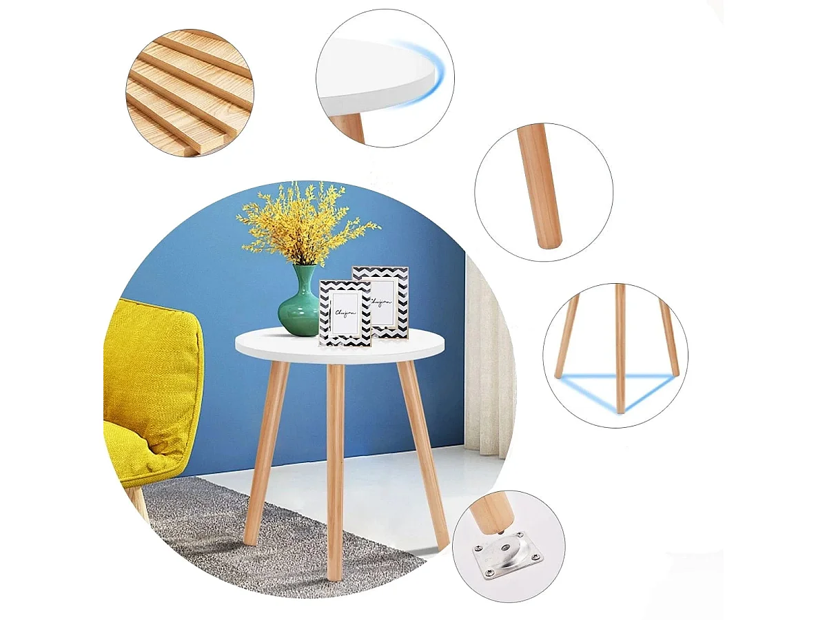 Table Basse Ronde Style Scandinave Moderne en MDF et Bois de pin Dim. Ø40 x 48H Blanc