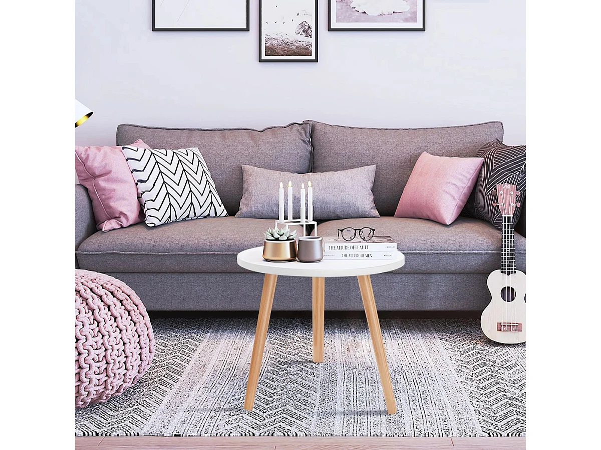 Table Basse Ronde Style Scandinave Moderne en MDF et Bois de pin Dim. Ø40 x 48H Blanc