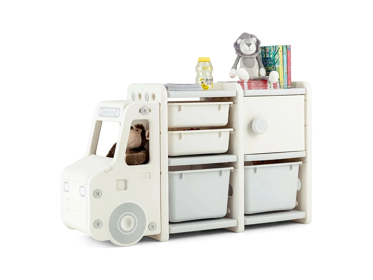 Organizer per giocattoli con scatole 2 livelli per bambini, Scaffale multilivello in HDPE a forma di camion Beige