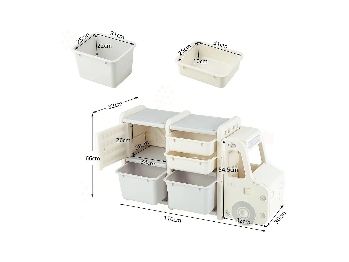 Organizer per giocattoli con scatole 2 livelli per bambini, Scaffale multilivello in HDPE a forma di camion Beige