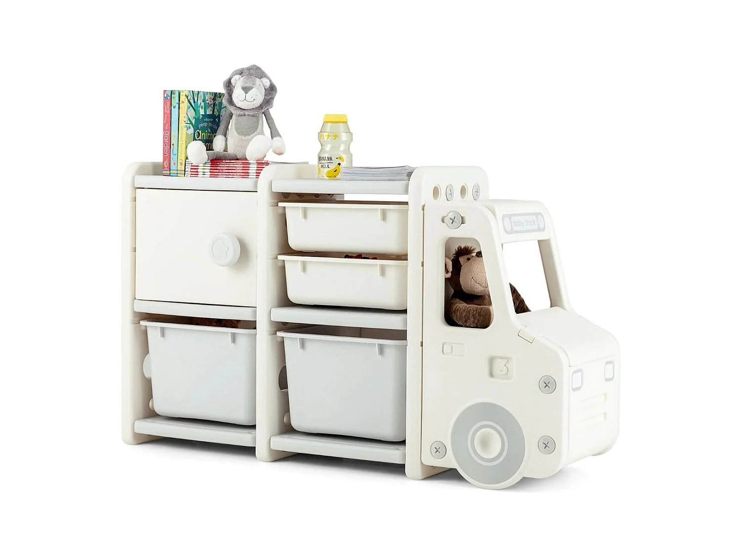 Organizer per giocattoli con scatole 2 livelli per bambini, Scaffale multilivello in HDPE a forma di camion Beige