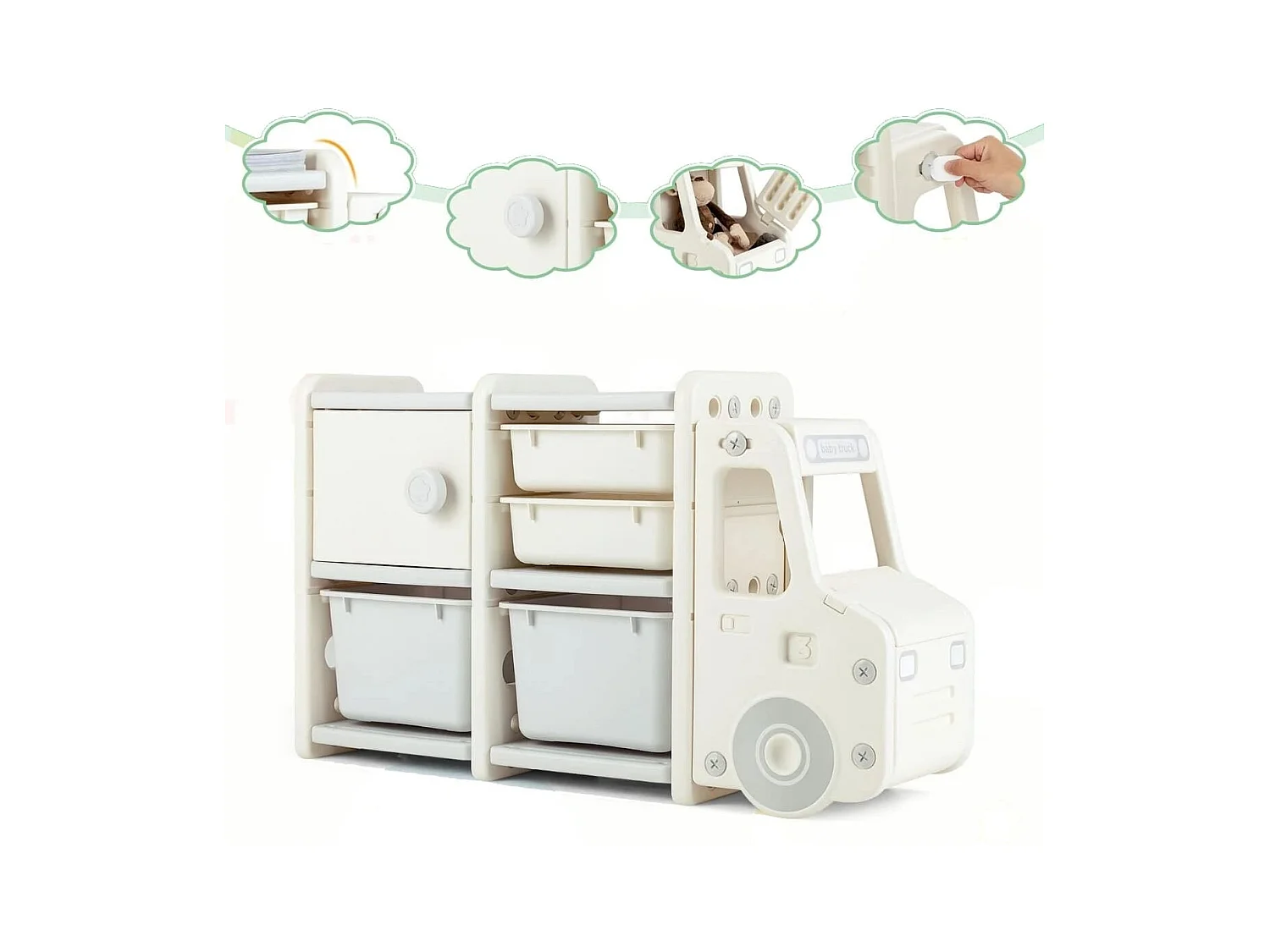 Organizer per giocattoli con scatole 2 livelli per bambini, Scaffale multilivello in HDPE a forma di camion Beige
