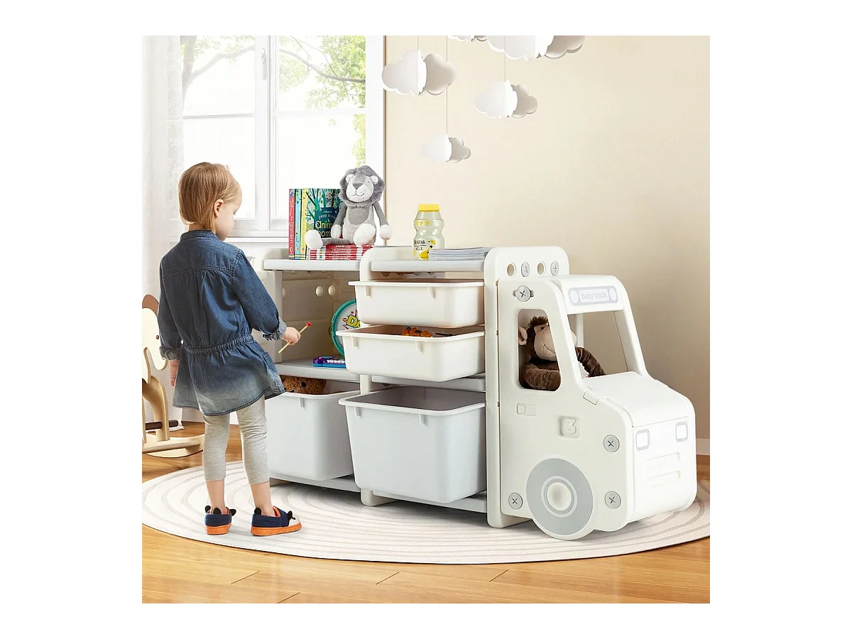 Organizer per giocattoli con scatole 2 livelli per bambini, Scaffale multilivello in HDPE a forma di camion Beige