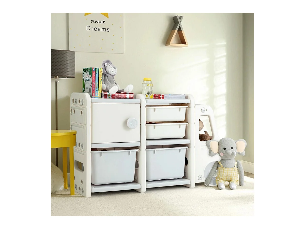 Organizer per giocattoli con scatole 2 livelli per bambini, Scaffale multilivello in HDPE a forma di camion Beige