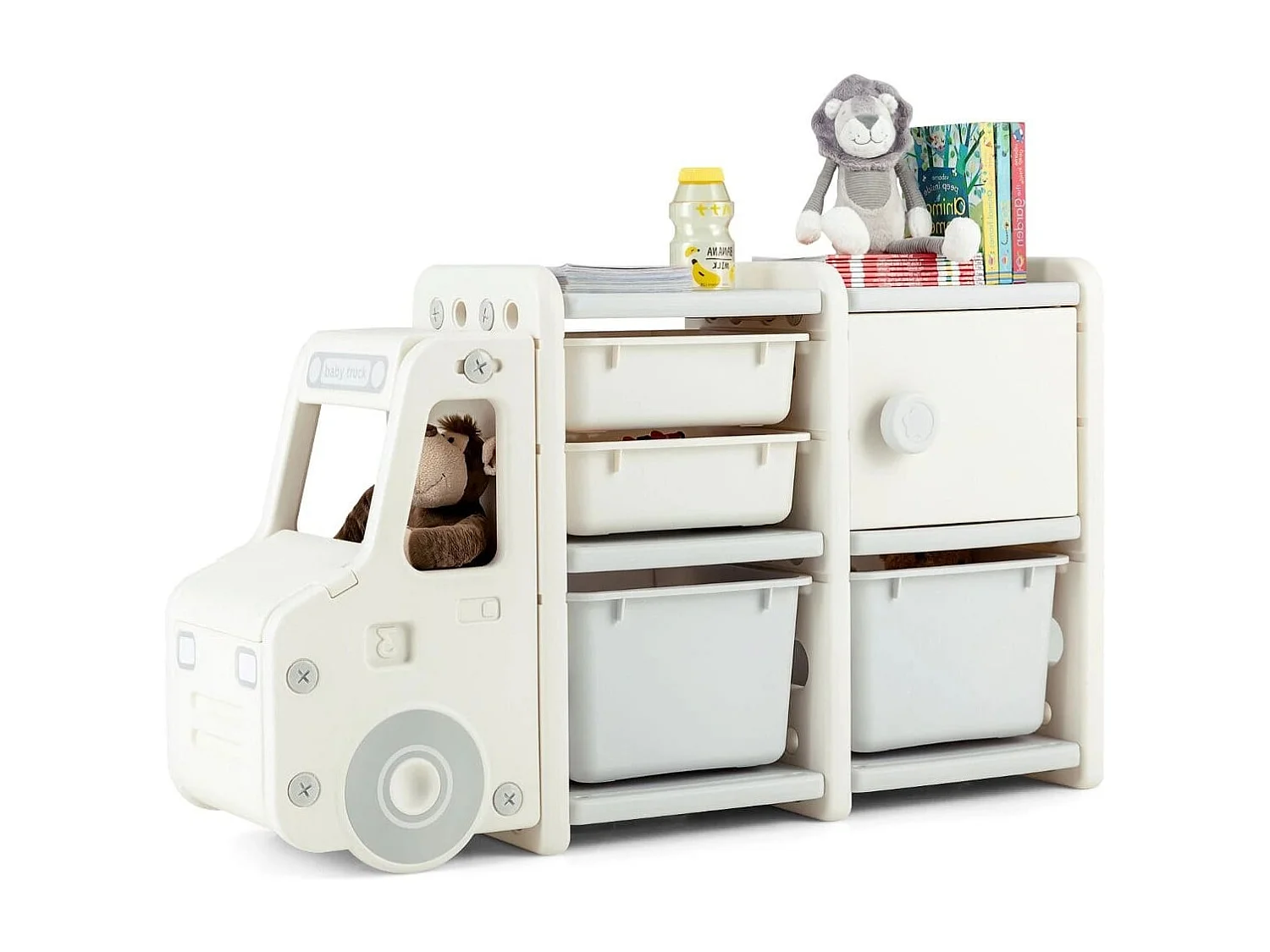 Meuble de Rangement Jouets pour Enfant 2 bac 2 tiroirs et 1 placard 110 x 32 x 66 (L x l x H) CM Gris