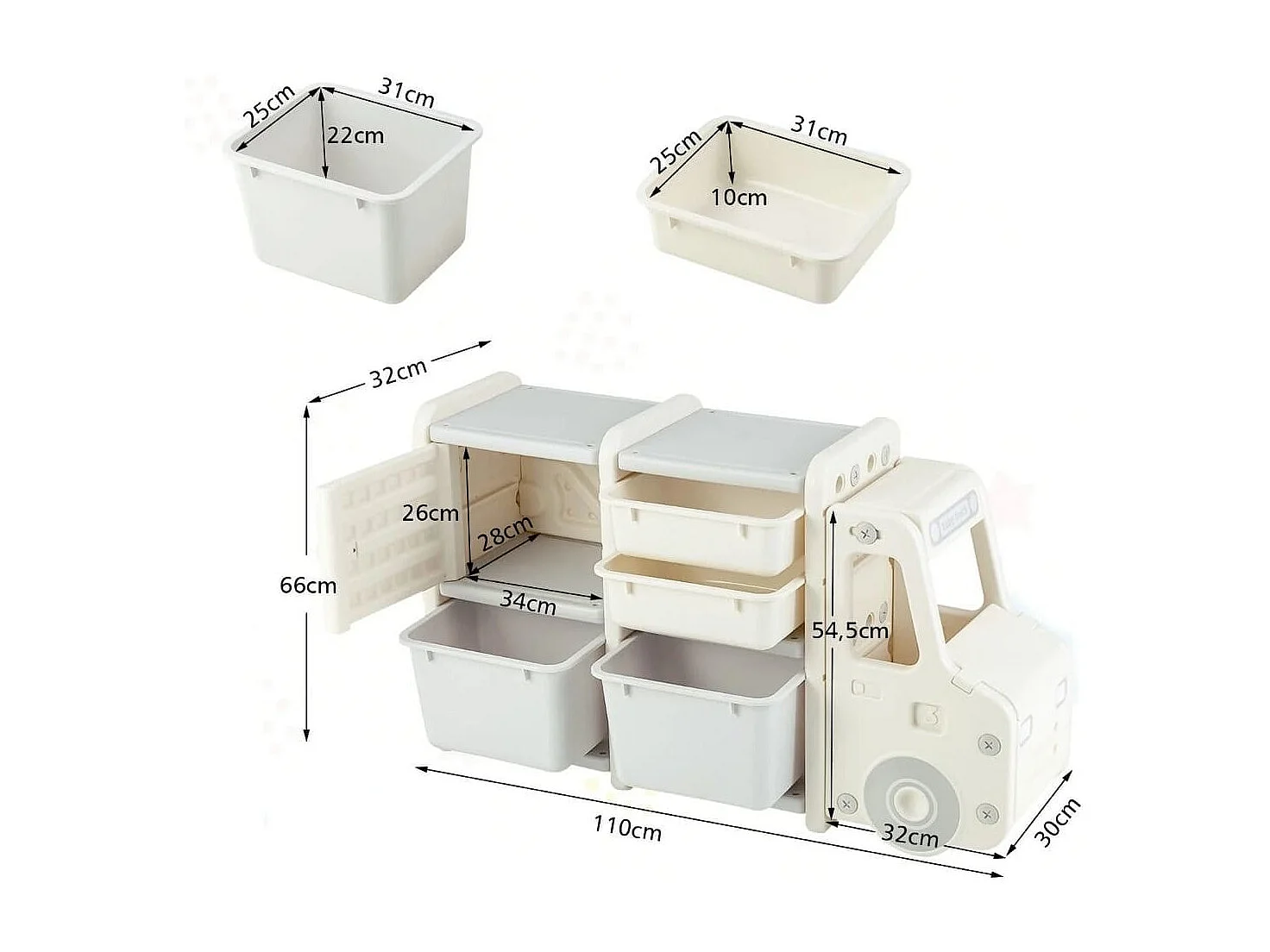Meuble de Rangement Jouets pour Enfant 2 bac 2 tiroirs et 1 placard 110 x 32 x 66 (L x l x H) CM Gris