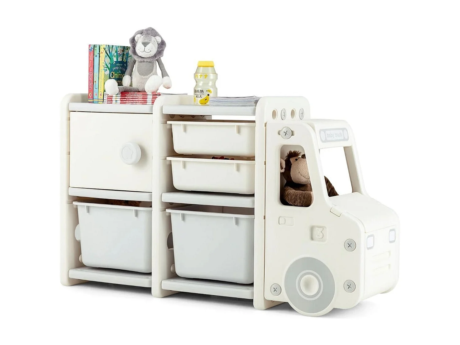 Meuble de Rangement Jouets pour Enfant 2 bac 2 tiroirs et 1 placard 110 x 32 x 66 (L x l x H) CM Gris