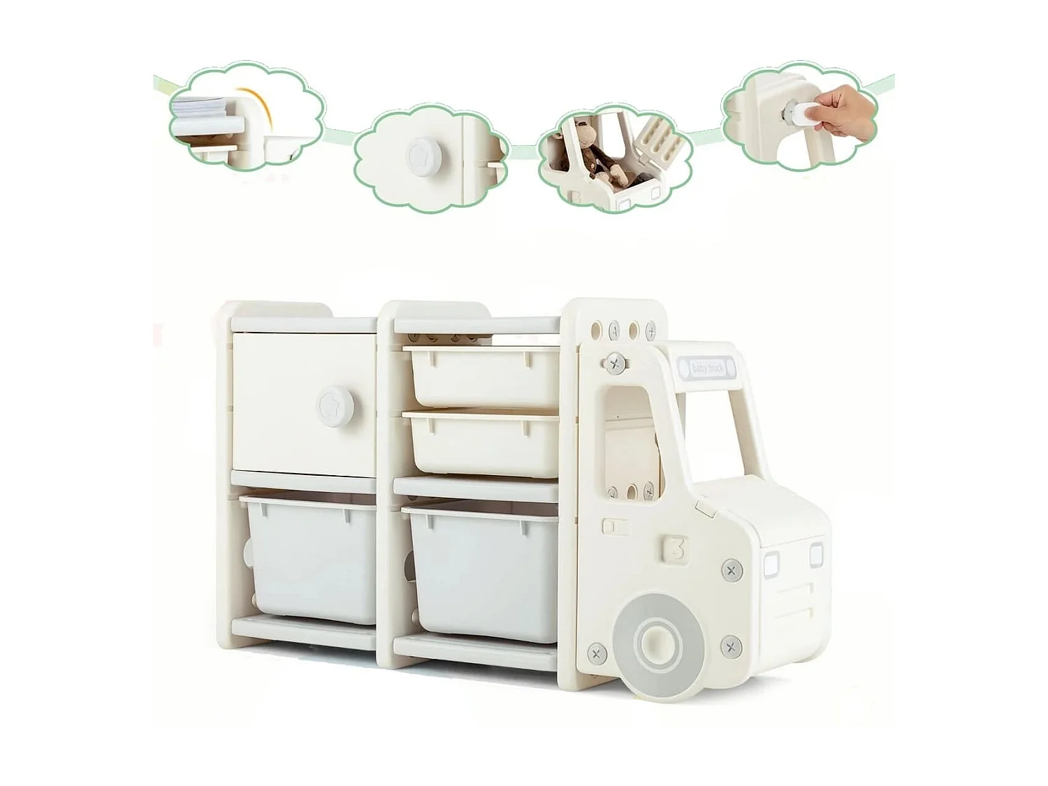 Meuble de Rangement Jouets pour Enfant 2 bac 2 tiroirs et 1 placard 110 x 32 x 66 (L x l x H) CM Gris