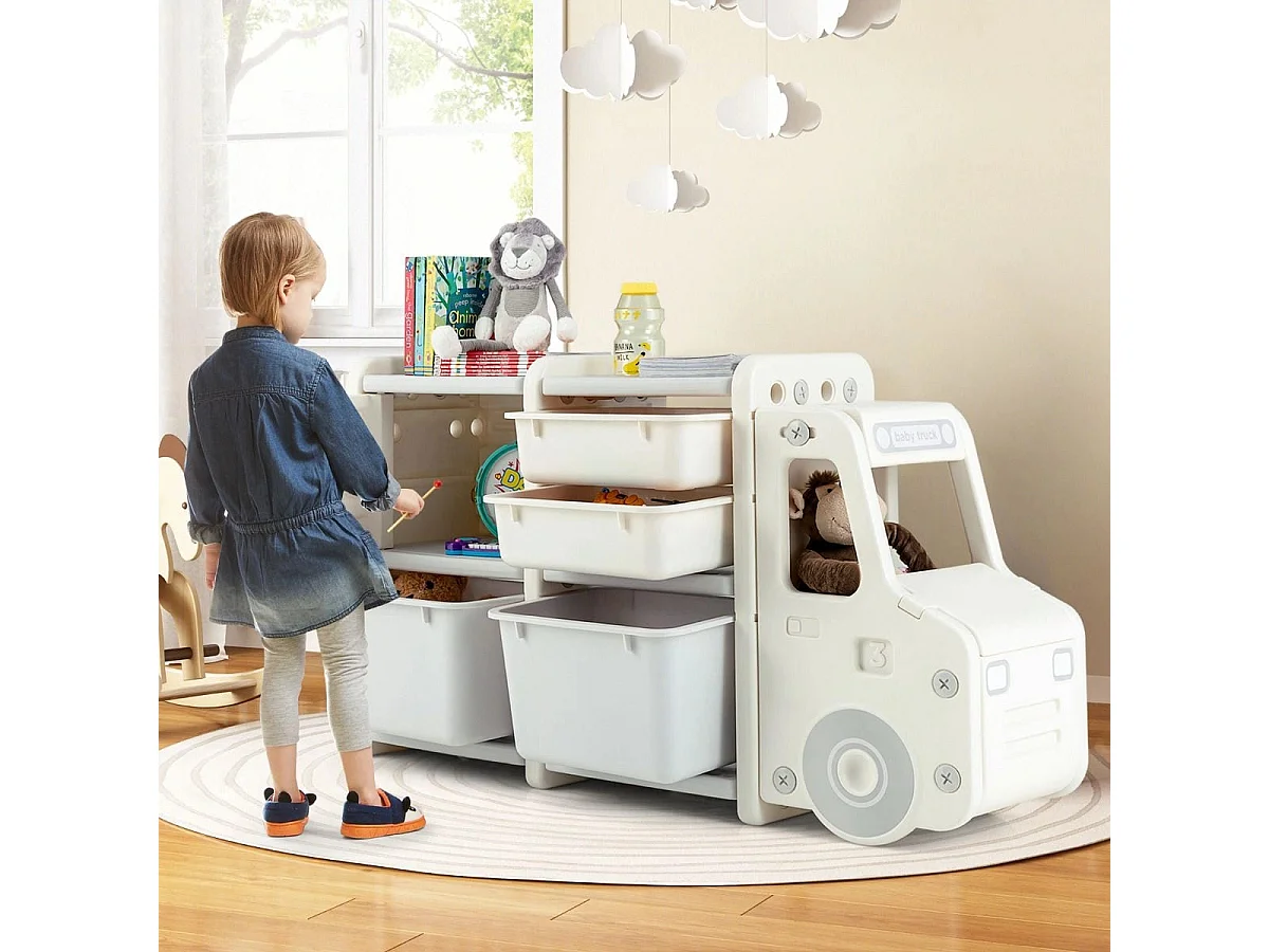 Meuble de Rangement Jouets pour Enfant 2 bac 2 tiroirs et 1 placard 110 x 32 x 66 (L x l x H) CM Gris