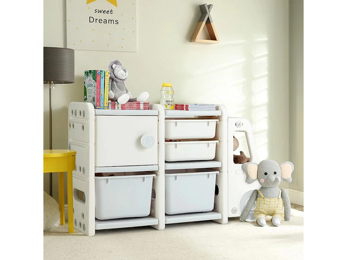 Meuble de Rangement Jouets pour Enfant 2 bac 2 tiroirs et 1 placard 110 x 32 x 66 (L x l x H) CM Gris