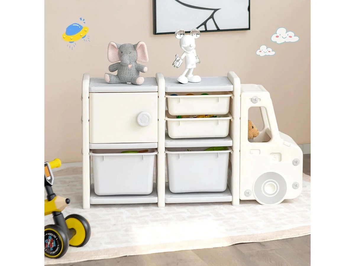 Meuble de Rangement Jouets pour Enfant 2 bac 2 tiroirs et 1 placard 110 x 32 x 66 (L x l x H) CM Gris
