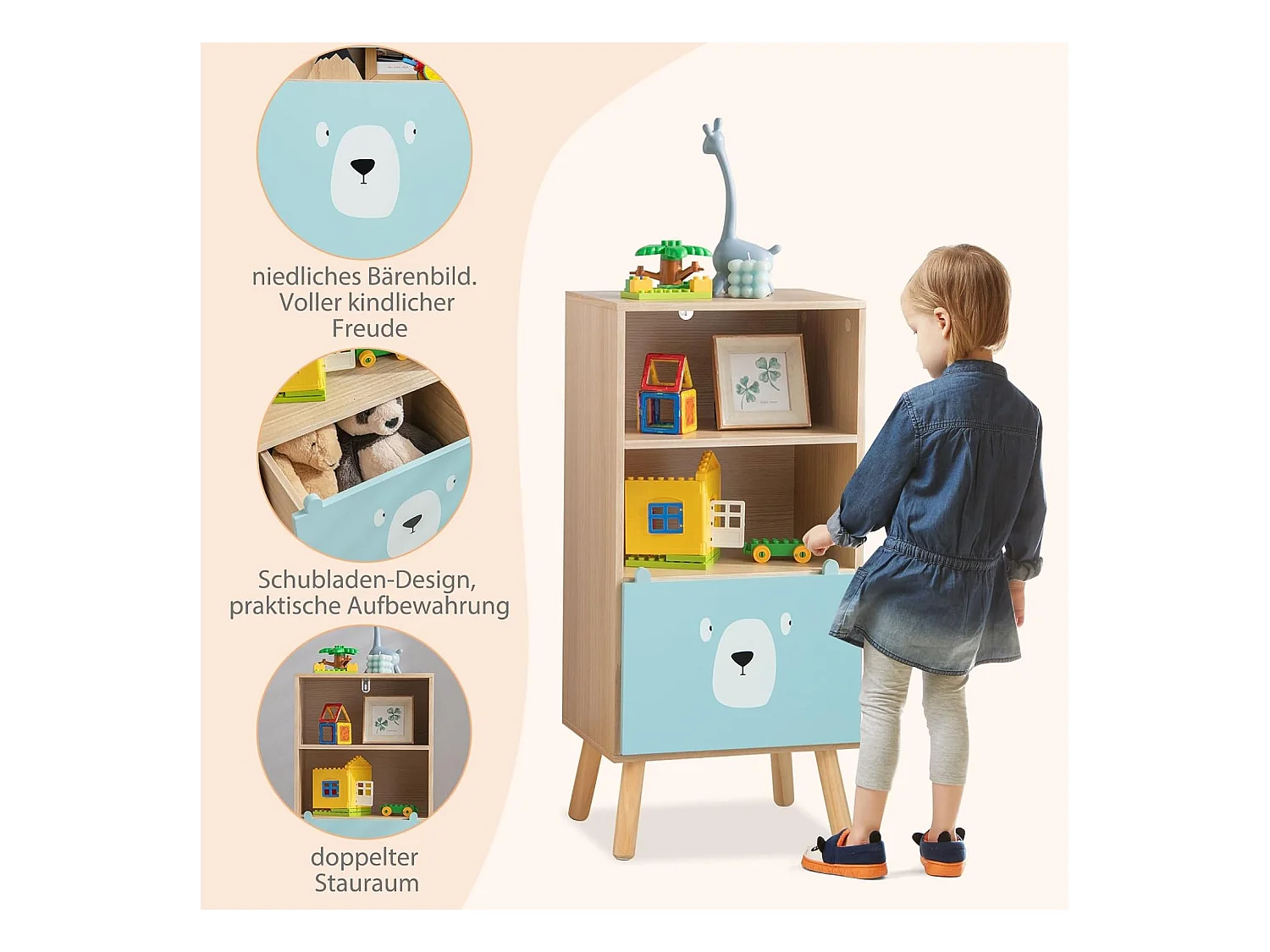 Kinder Bücherregal mit 3 Ebenen & Schublade & 2 Offenen Fächer Spielzeugregal Kinderregal Blau