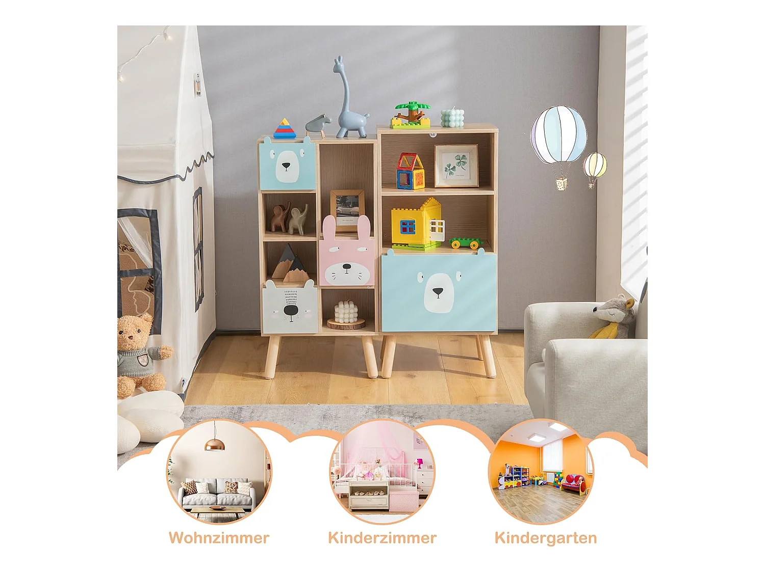 Kinder Bücherregal mit 3 Ebenen & Schublade & 2 Offenen Fächer Spielzeugregal Kinderregal Blau