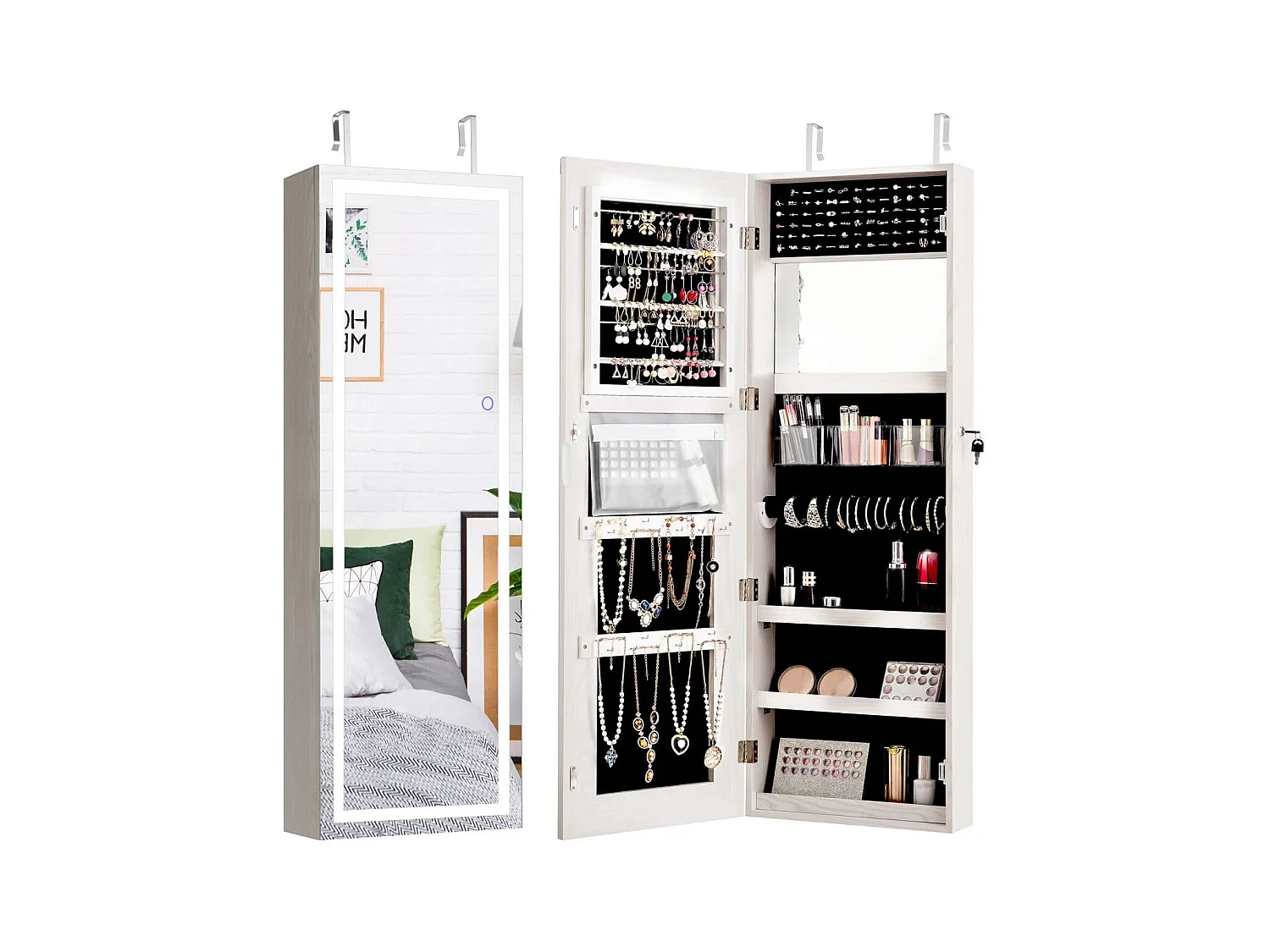 Armadietto portagioie con specchio a LED da 120cm, Appendibile alla porta o da parete con specchio interno Bianco