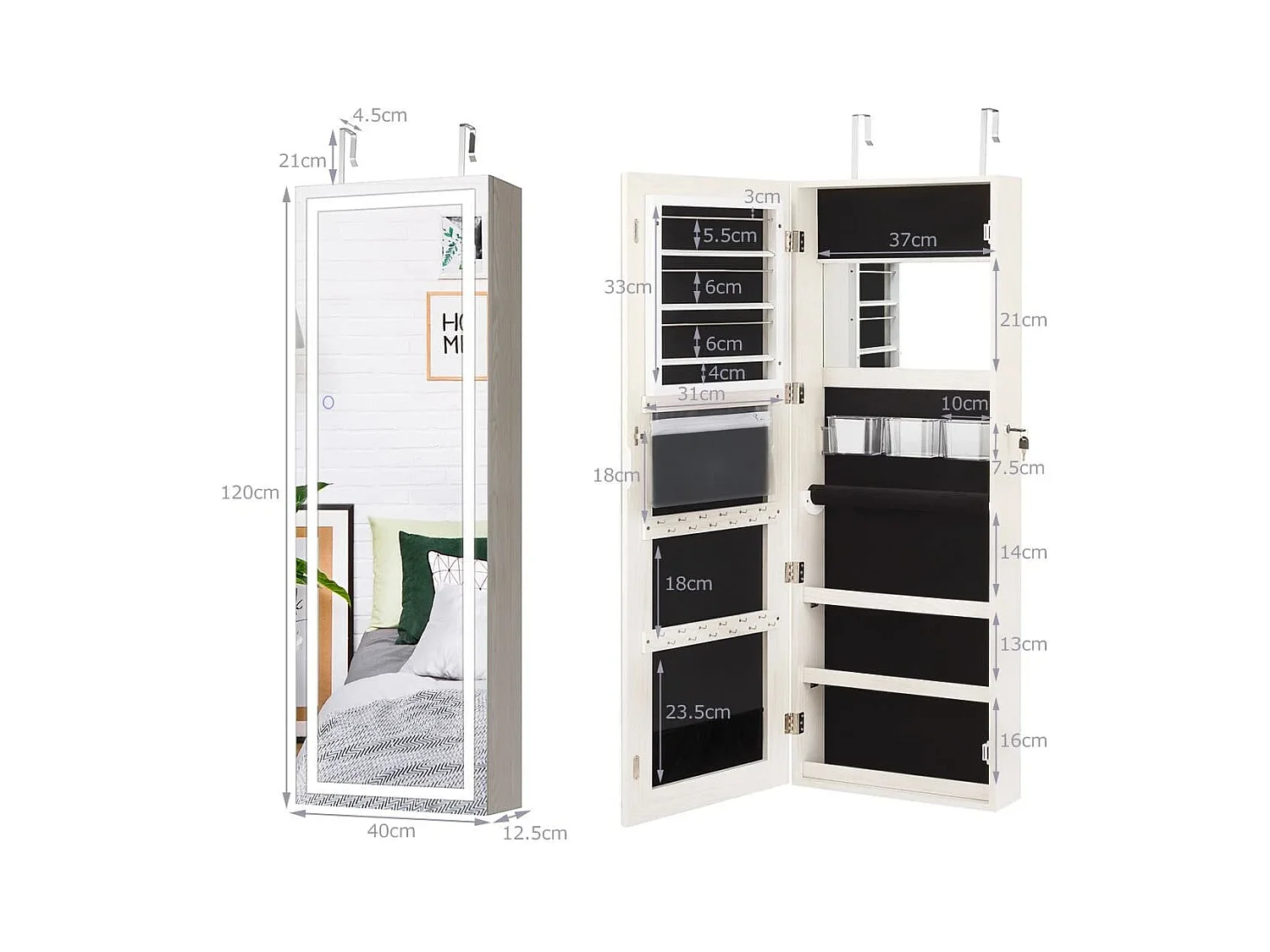 Armadietto portagioie con specchio a LED da 120cm, Appendibile alla porta o da parete con specchio interno Bianco