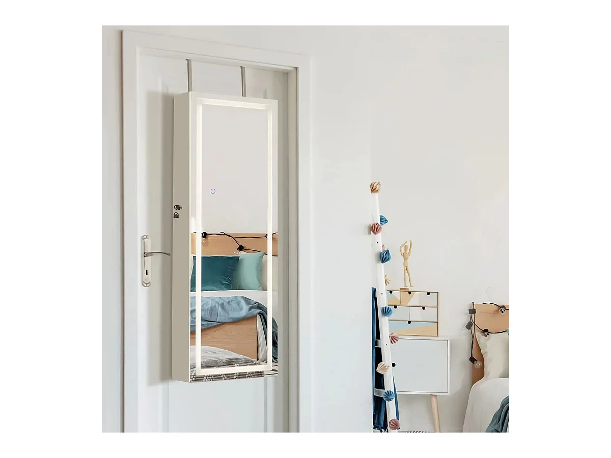 Armadietto portagioie con specchio a LED da 120cm, Appendibile alla porta o da parete con specchio interno Bianco