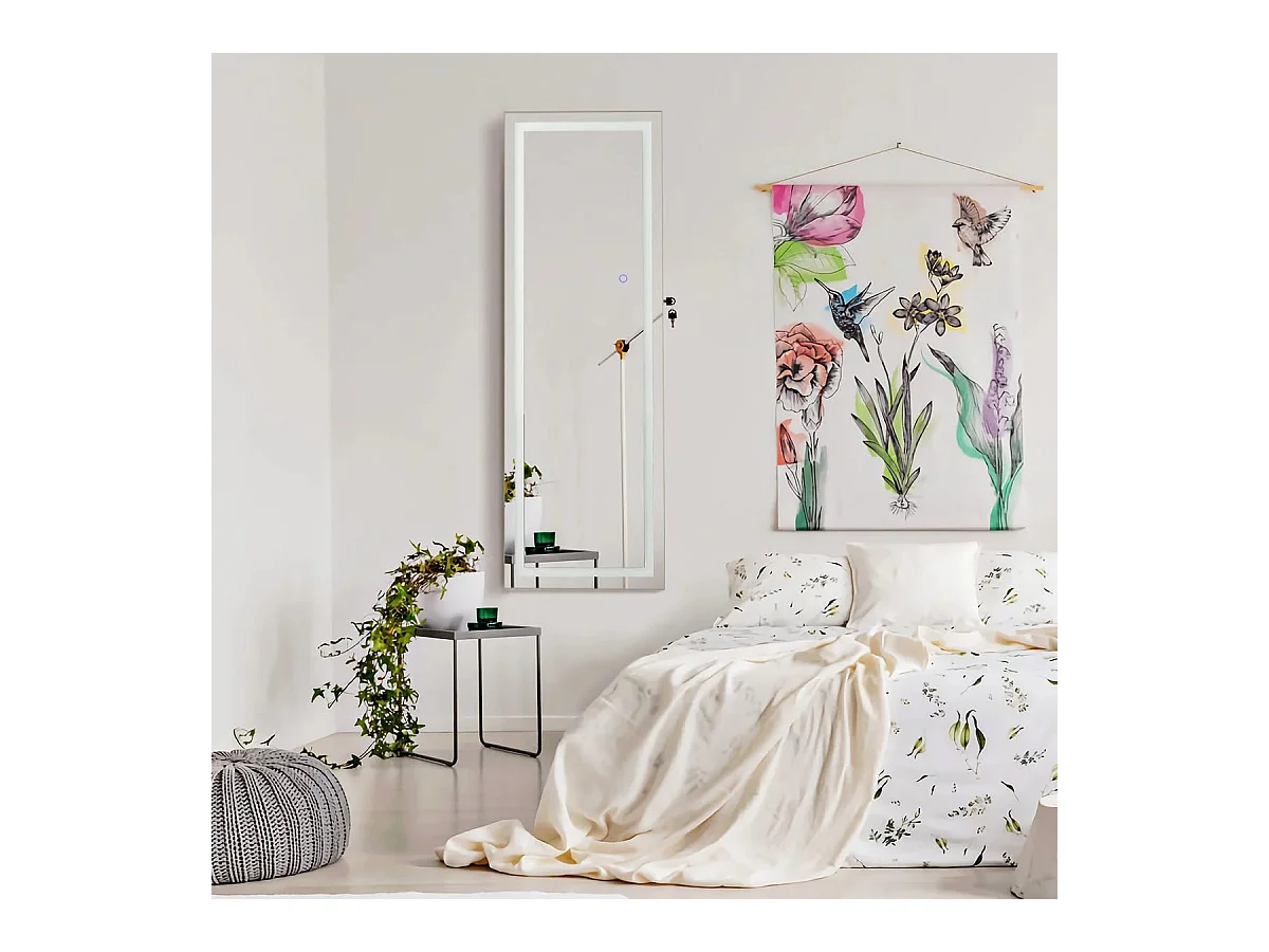 Armadietto portagioie con specchio a LED da 120cm, Appendibile alla porta o da parete con specchio interno Bianco