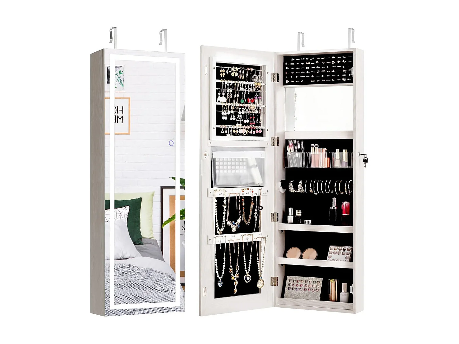 Armadietto portagioie con specchio a LED da 120cm, Appendibile alla porta o da parete con specchio interno Bianco