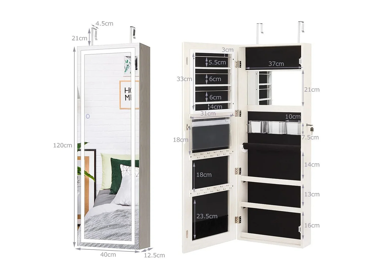 Armadietto portagioie con specchio a LED da 120cm, Appendibile alla porta o da parete con specchio interno Bianco