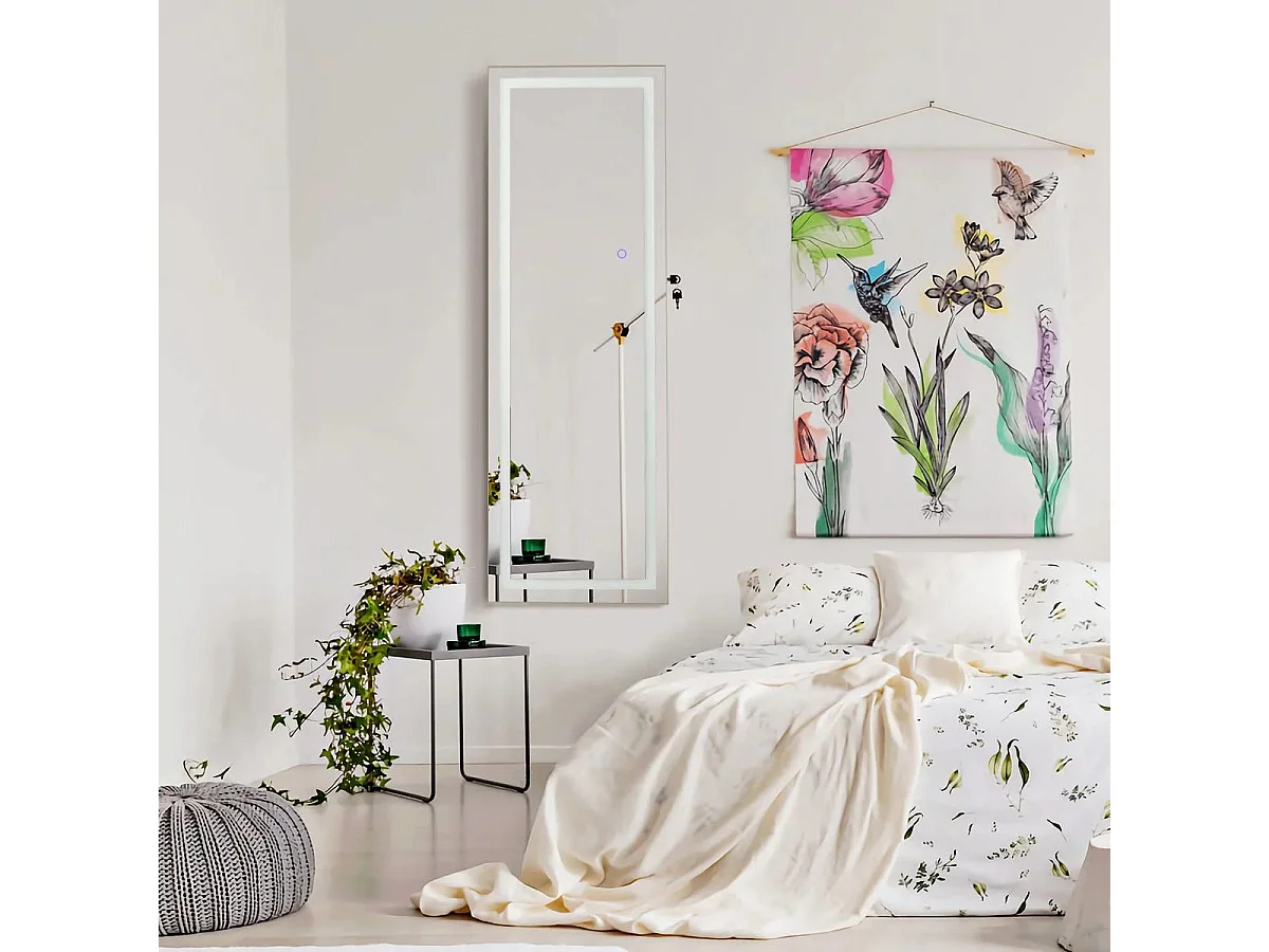 Armadietto portagioie con specchio a LED da 120cm, Appendibile alla porta o da parete con specchio interno Bianco