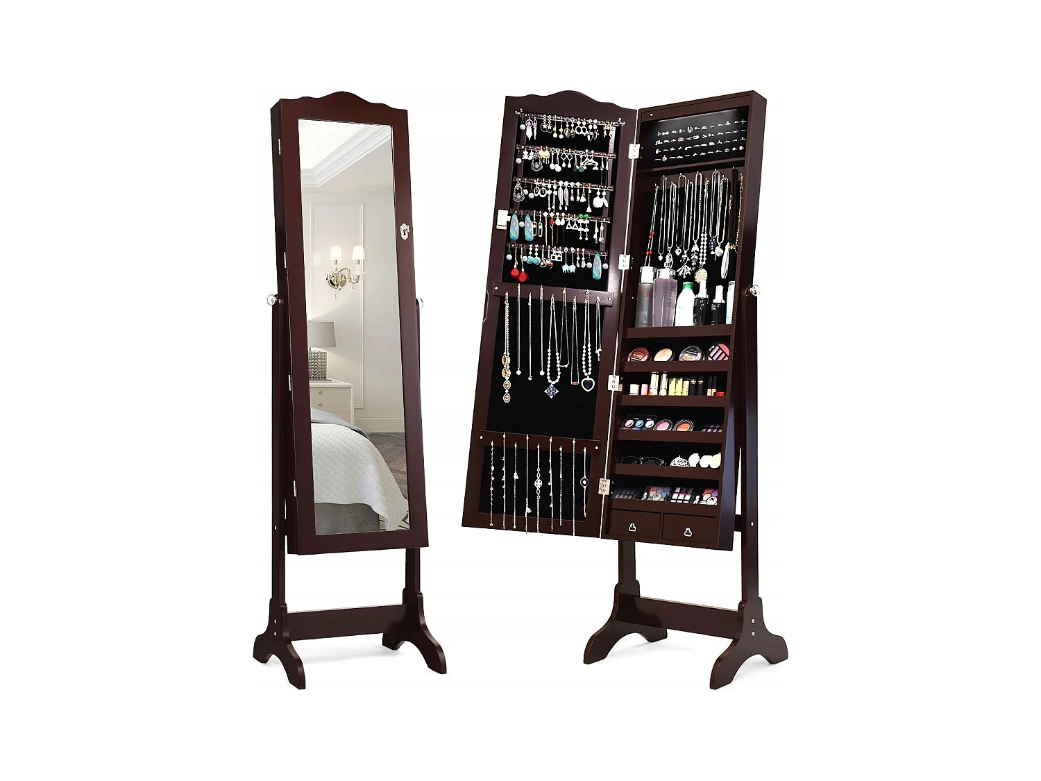 Armadio per gioielli con 14 luci LED e specchio a figura intera Scaffale per gioielli Armadio per specchi Marrone
