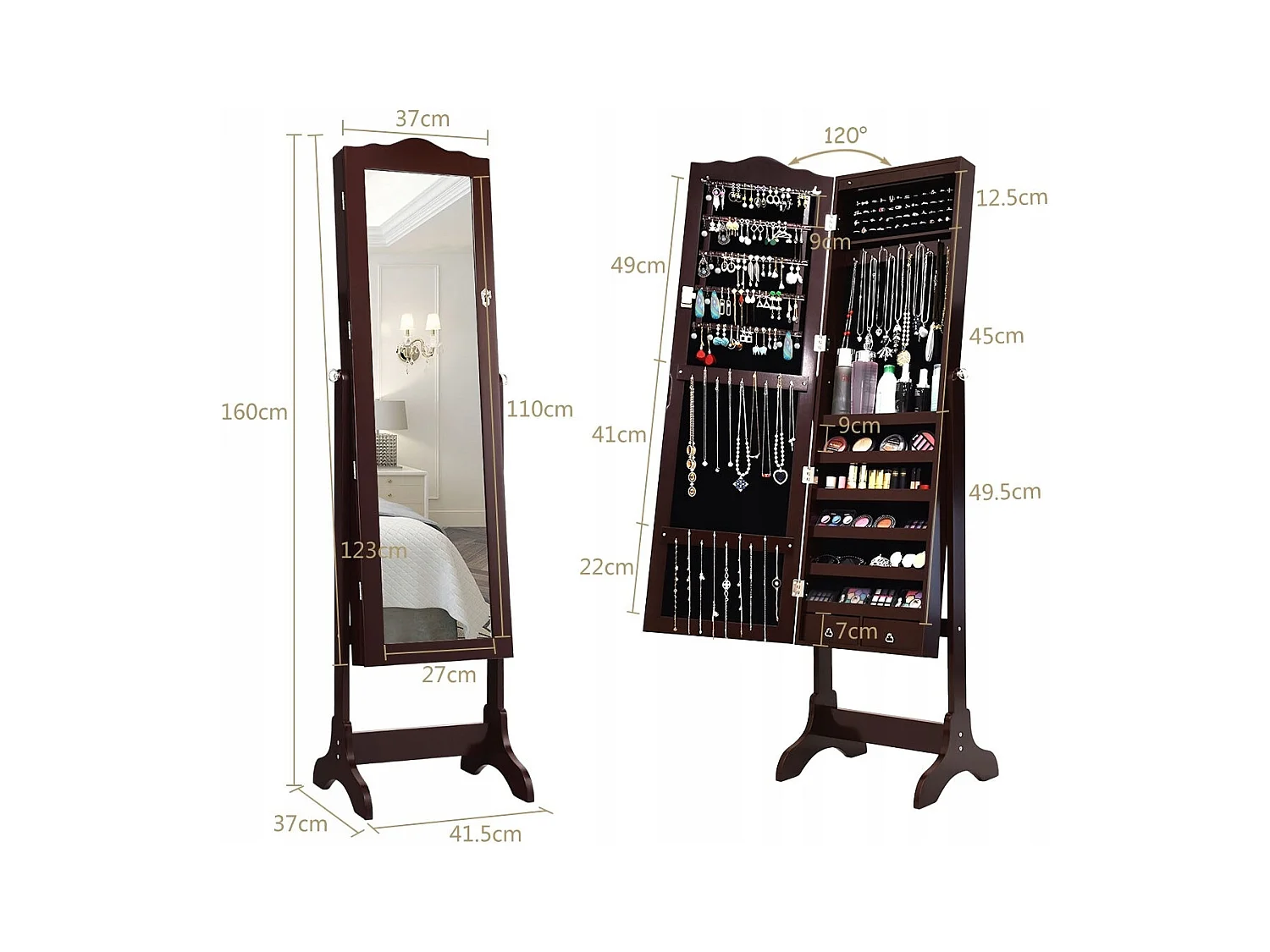 Armadio per gioielli con 14 luci LED e specchio a figura intera Scaffale per gioielli Armadio per specchi Marrone