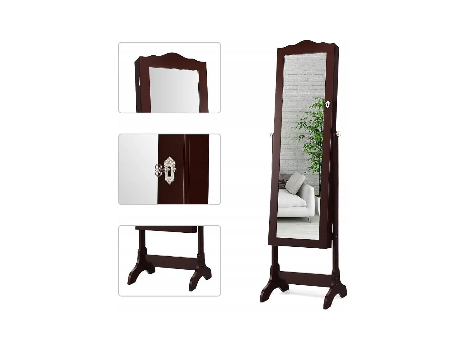 Armadio per gioielli con 14 luci LED e specchio a figura intera Scaffale per gioielli Armadio per specchi Marrone