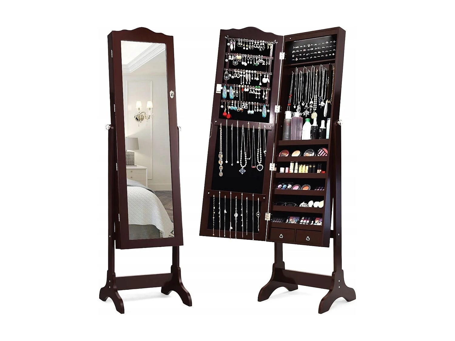 Armadio per gioielli con 14 luci LED e specchio a figura intera Scaffale per gioielli Armadio per specchi Marrone