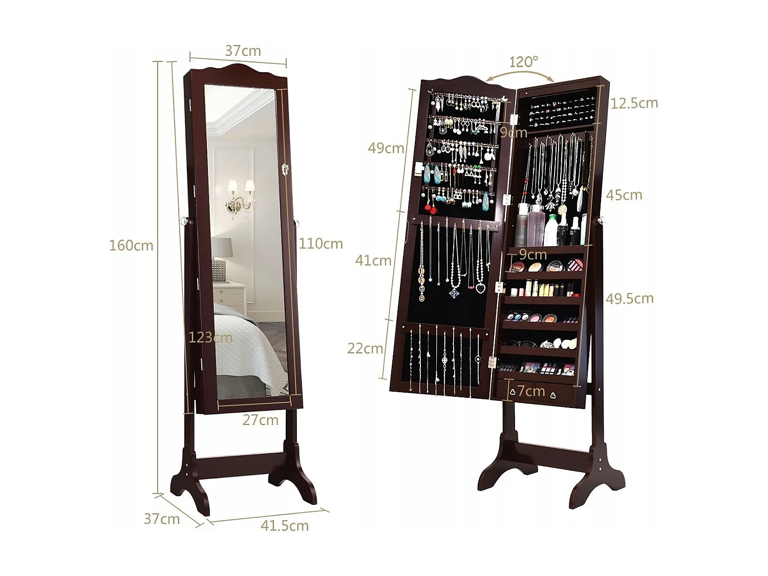 Armadio per gioielli con 14 luci LED e specchio a figura intera Scaffale per gioielli Armadio per specchi Marrone