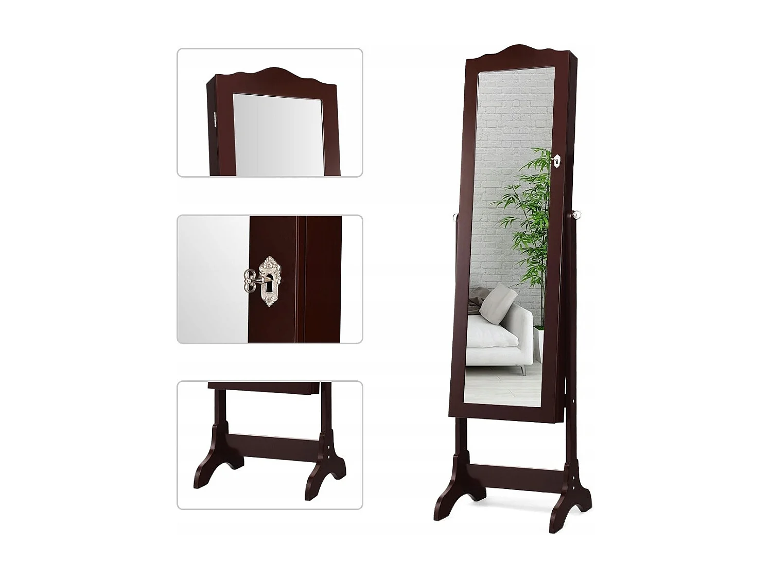 Armadio per gioielli con 14 luci LED e specchio a figura intera Scaffale per gioielli Armadio per specchi Marrone