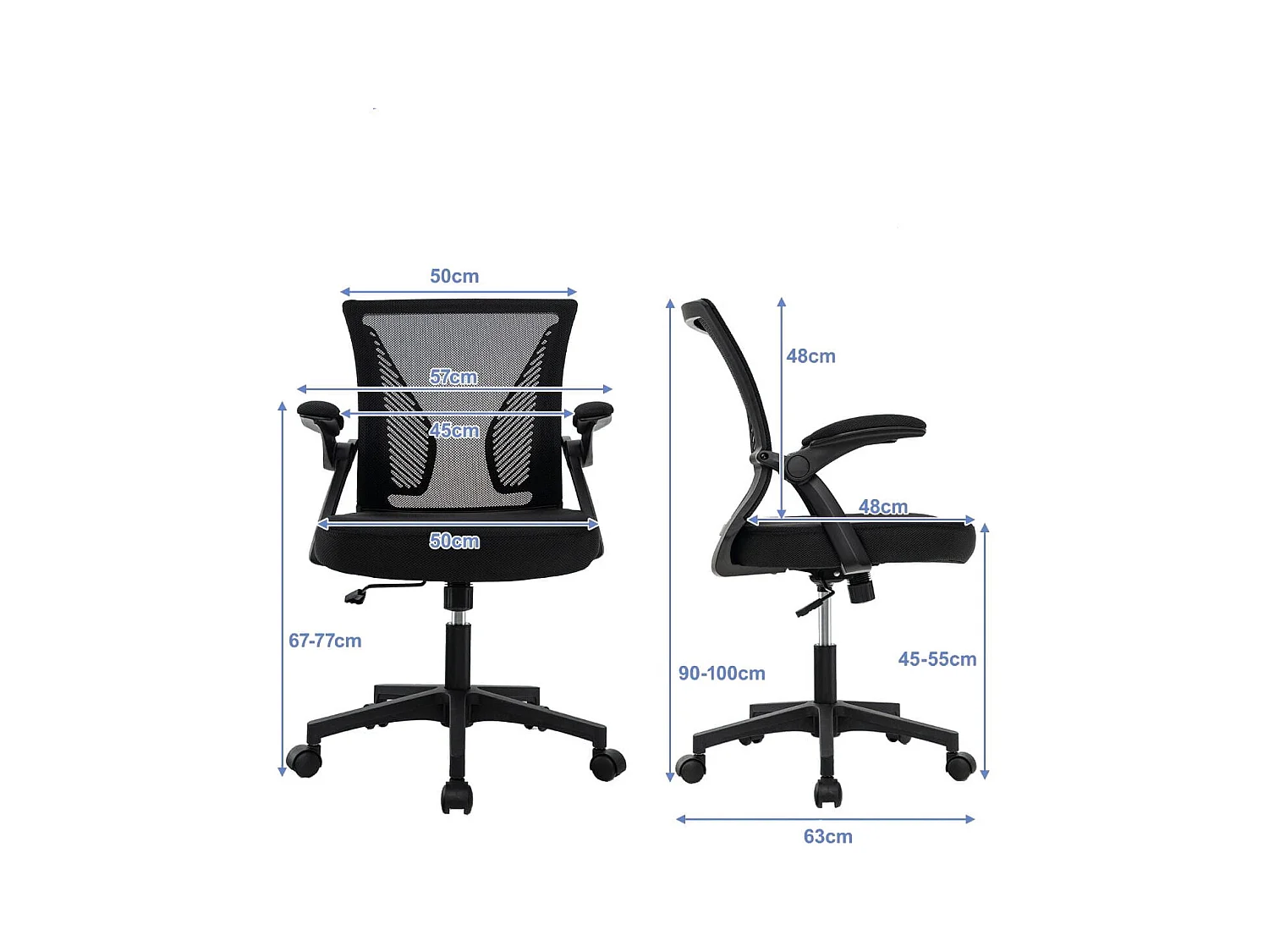 Ergonomischer Bürostuhl mit klappbaren Armlehnen Schreibtischstuhl mit mittlerer Rückenlehne 57 x 63 x 90-100 cm Schwarz
