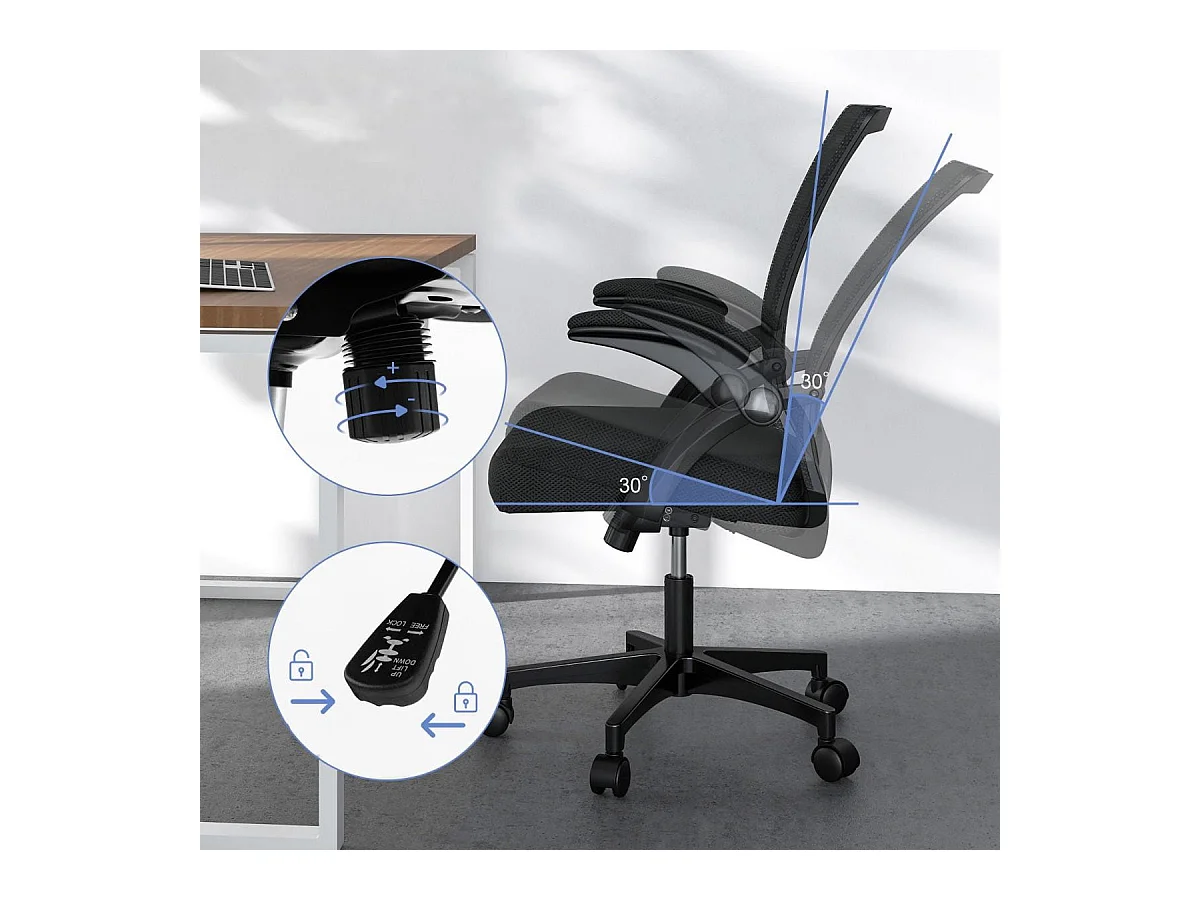 Ergonomischer Bürostuhl mit klappbaren Armlehnen Schreibtischstuhl mit mittlerer Rückenlehne 57 x 63 x 90-100 cm Schwarz