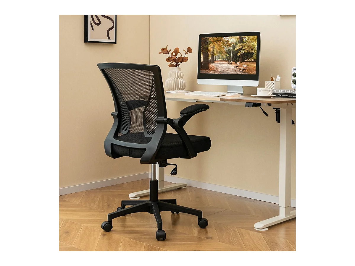 Ergonomischer Bürostuhl mit klappbaren Armlehnen Schreibtischstuhl mit mittlerer Rückenlehne 57 x 63 x 90-100 cm Schwarz