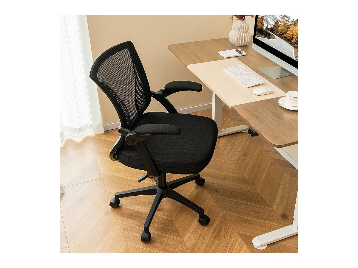 Chaise de Bureau Ergonomique Chaise de Travail Pivotante Réglable avec Accoudoirs Rabattables Dossier à Bascule à 30° Noir