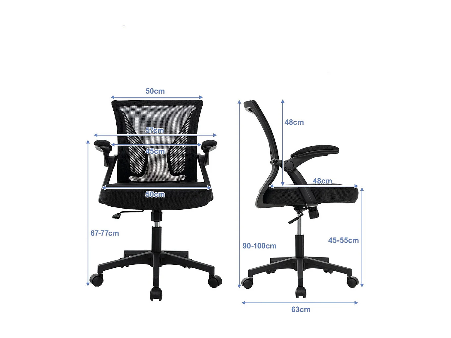 Sedia da ufficio ergonomica con braccioli ribaltabili schienale oscillante a 30°, Sedia girevole regolabile Nero