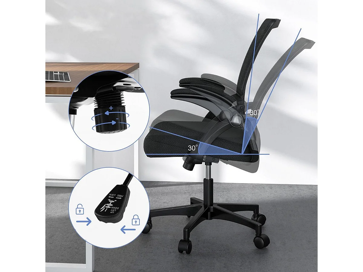 Sedia da ufficio ergonomica con braccioli ribaltabili schienale oscillante a 30°, Sedia girevole regolabile Nero