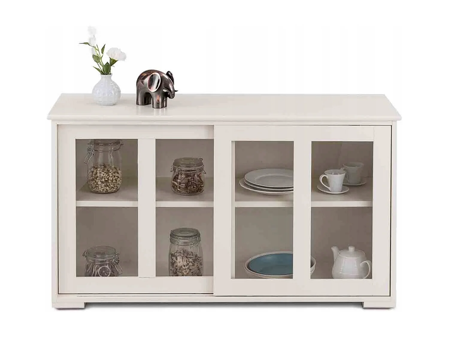 Buffet de Cuisine Armoire  Basse de Salle à Manger 2 Etagères 2 Portes Transparentes en MDF, 106,5x33x62,5cm, Beige