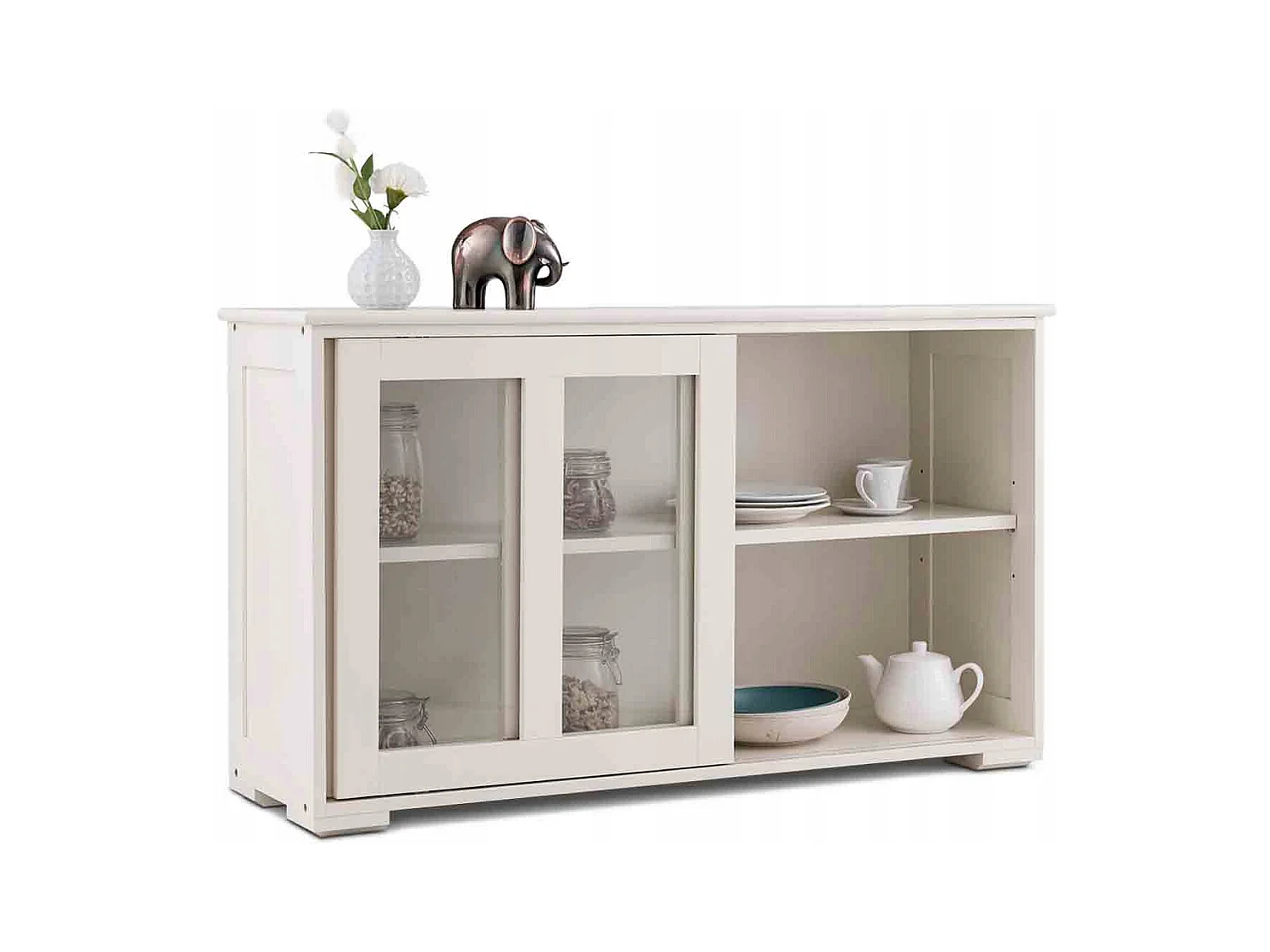 Buffet de Cuisine Armoire  Basse de Salle à Manger 2 Etagères 2 Portes Transparentes en MDF, 106,5x33x62,5cm, Beige