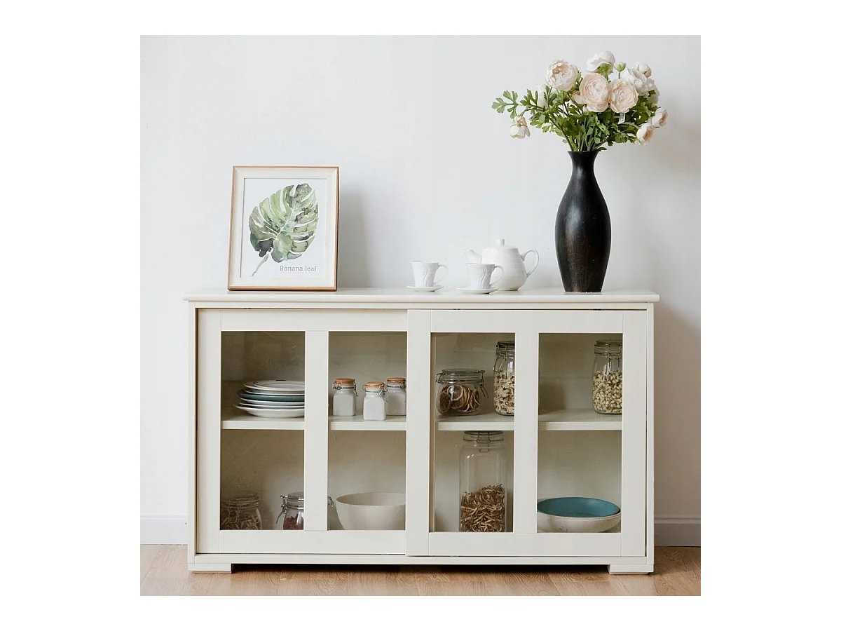 Buffet de Cuisine Armoire  Basse de Salle à Manger 2 Etagères 2 Portes Transparentes en MDF, 106,5x33x62,5cm, Beige